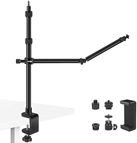 Obeamiu Desk Mount Stand with 27'' Auxiliary Holding Arm, Adjustable Tabletop Stand for DSLR Camera, Camcorder, Smartphone