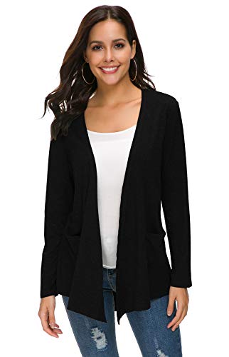 TownCat Women's Loose Casual Long Sleeved Open Front Comfy Cardigans with Pocket (S, Black)
