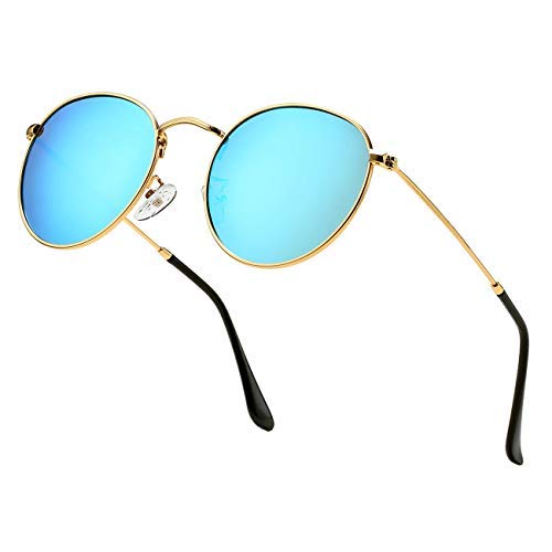 round metal unisex sunglasses golden frame, blue mirror lens (medium) pack of 1