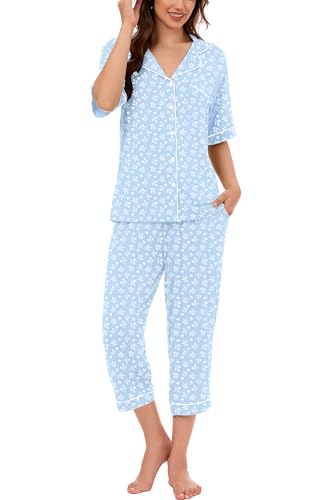 Image of LUBOT Womens Bamboo Viscose Pajamas for Women PJ Set 2 Piece Cooling Soft Short Sleeve Capri Pants Summer Sleepwear Set S-XXL