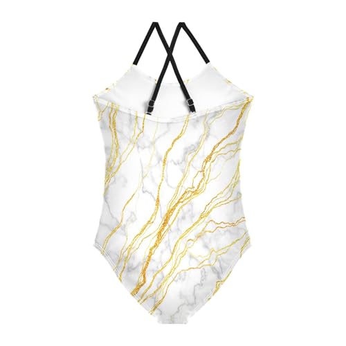 Girls Swimming Suits 3-10 Y Beach Swimsuit Girls, Marble Texture Golden Veins White2
