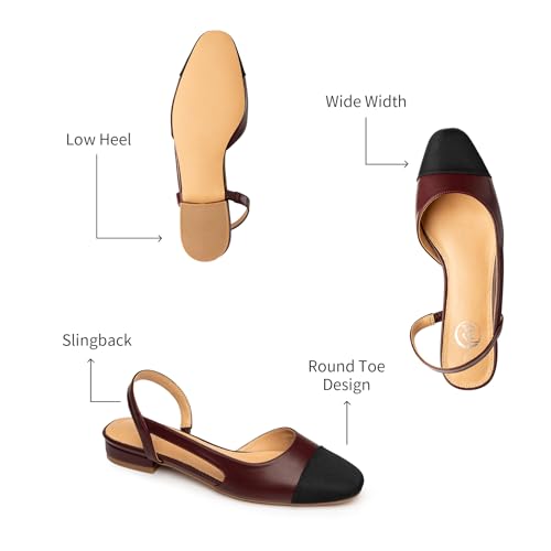 Image of Trary Slingback Flats for Women, Black Dressy Comfortable Round Square Toe Shoes, Work Office Casual Ankle Strap Dress Flats