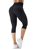 VIFENDUO Radlerhose Ribbed 3/4 Damen Sport Kurze Sporthose Laufhose Leggings Gym Shorts Damen Hohe Taille Leggins Radlerhosen Fitness Yoga Tights Shorts Push Up Booty Blickdicht Nahtlose Schwarz M