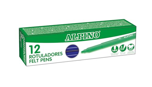 Alpino - Étui de 12 feutres Stand. Bleu foncé | Marqueurs lavables pour enfants | Marqueurs brillants | Idéal pour l'école | Pointe en fibre super résistante et encre sûre à base d'eau