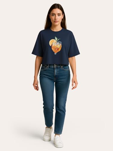 Image of HELLCAT Beige Printed Loose Fit Crew-Neck Crop T-Shirt for Women