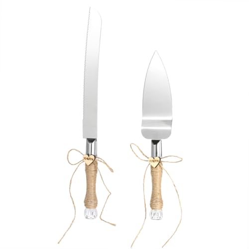 Walmeck Crystal Wedding Cake Knife Set, White Ribbon Handle, Stainless Steel Cutter with Box, for Wedding Anniversary Reception, Ideal Bridal Shower Present (Burlap Lace)