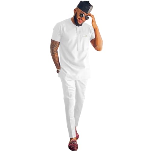 ATLYCOLOR African Attire for Men Solid Color Short Sleeve Shirt Pants 2 Piece Set Outfit Dashiki Suit Clothing TR5 White Medium