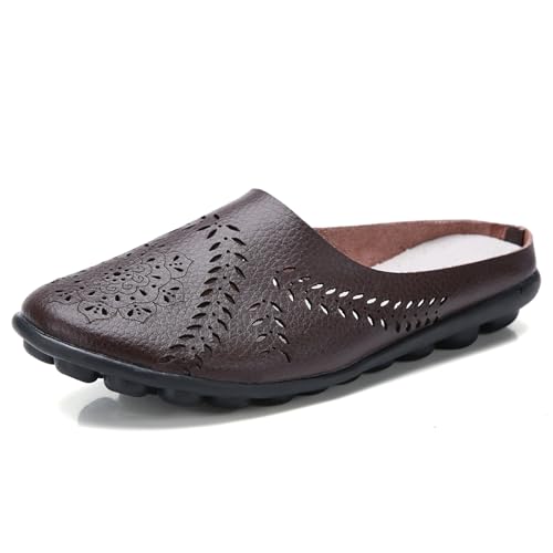 YOUNIFIZ Pantuflas planas de verano para mujer, con puntera redonda, antideslizantes, suela suave, ligeras, cómodas, elegantes, café, 38 EU