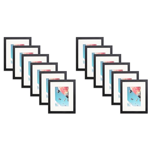 The Display Guys - 12-Pack V-Series 8x10 Black Wooden Picture Frames - 5x7 Mat - Plexiglass - Low Profile - Tabletop Easel