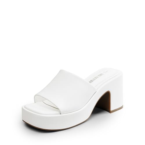 DREAM PAIRS High Chunky Platform Heels for Women Fashion Comfort Slip on Square Open Toe Block Heel Sandals,Size 9,White-Pu,SDHS2410W