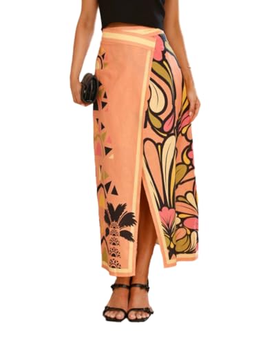 Floral Maxi Skirt High Waisted Wrap Skirt Front Slit Tropical Vacation Outfits for Women