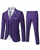 MY'S Men's 3 Piece Slim Fit Suit Set, 2 Button Blazer Jacket Vest Pants with Tie, Solid Wedding Dress Tux and Trousers Deep Purple