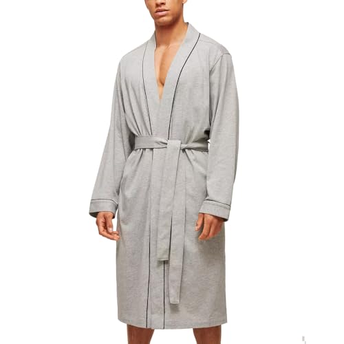 HOLOVE Mens Cotton Knit Kimono robes with Contrast Piping,Soft Lightweight Plus-size Bathrobe (Grey 2XL/3XL)