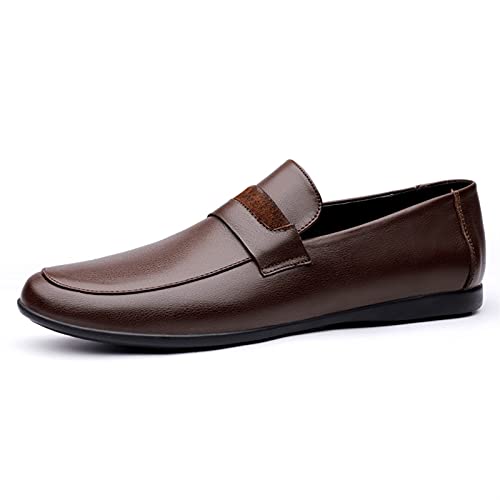Mens Loafers Pin Grain Round Toe Genuine Leather Stitching Details Anti-Slip Flat Heel Flexible Fashion Slip On