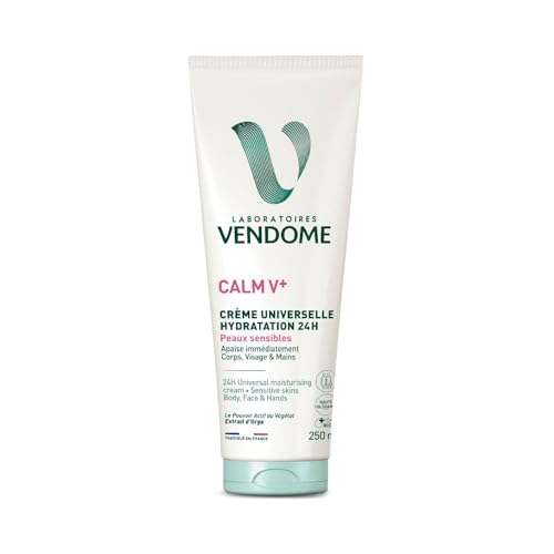 LABORATOIRES VENDÔME - CALM V+ - Crème Universelle Hydratation 24H - Apaise Et Hydrate Immédiatement Corps, Visage & Mains - Enrichi En Extrait D'Orge - Texture Légère - Peaux Sensibles - 250ml