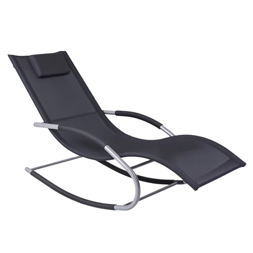 Outsunny Zero Gravity Rocking Chair Outdoor Chaise Lounge Chair Recliner Rocker with Detachable Pillow & Durable Weather-Fighting Fabric for Patio, Deck, Pool, Black