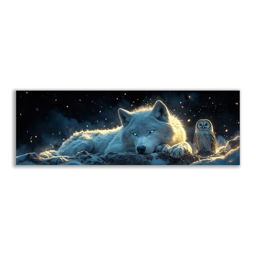 Toile loup blanc et hibou BOHUO art faune hiver 20x60cm sans cadre mystique