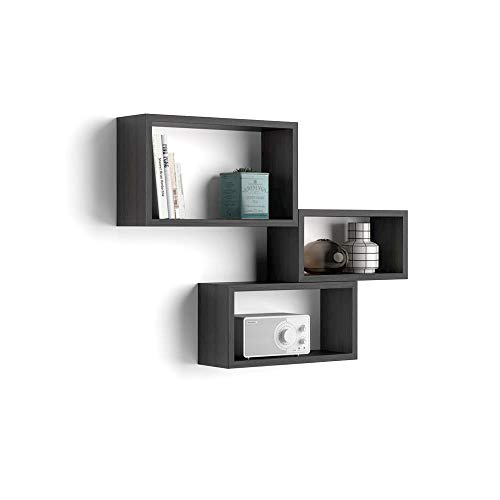 MOBILI FIVER, Lot de 3 Cubes muraux rectangulaires, Giuditta, Frêne Noir, Mélaminé, Étagères murales Cubes pour Cuisine et Salon, Made in Italy