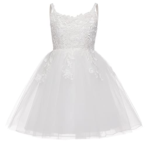 Spaghetti Straps Knee Length Lace Flower Girl First Communion Dress (White-1,6) #TOP1