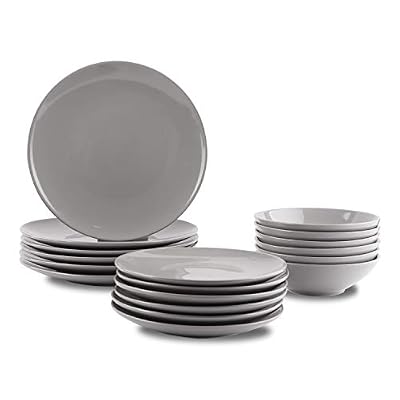 Amazon Basics 18-Piece Stoneware Dinnerware Set, Service for 6, Microwave and Dishwasher Safe, Plates and Bowls for Everyday Use, Smokey Grey