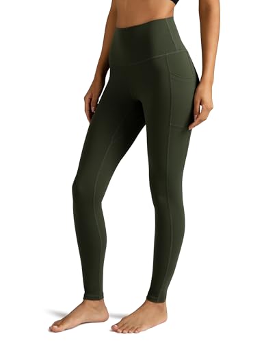 Colorfulkoala Womens High Waisted 28 Inseam Leggings Full Length Workout Yoga Pants with Pockets (S Olive Green)