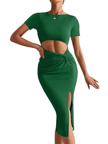 Image of Rooscier Women's Twist Cutout Waist Split Crewneck Short Sleeve Bodycon Midi Dress
