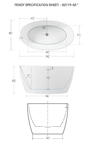 Ferdy Tahiti 55" Acrylic Freestanding Bathtub, Elegant Oval Shape Soaking Bathtub, Glossy White, Brushed Nickel Drain & Integrated Slotted Overflow Assembly Included Cupc Certified #TOP4