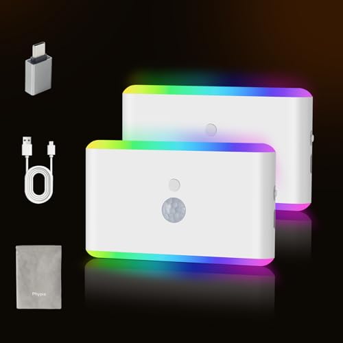 Upgraded 2 Pack Motion Sensor Night Light Cruise Ship Approved Rechargeable Travel Magnetic Light with 5 RGB Color-Changing Modes Wireless USB Lights for Indoor Cabin RV Bathroom Hallway Stairs