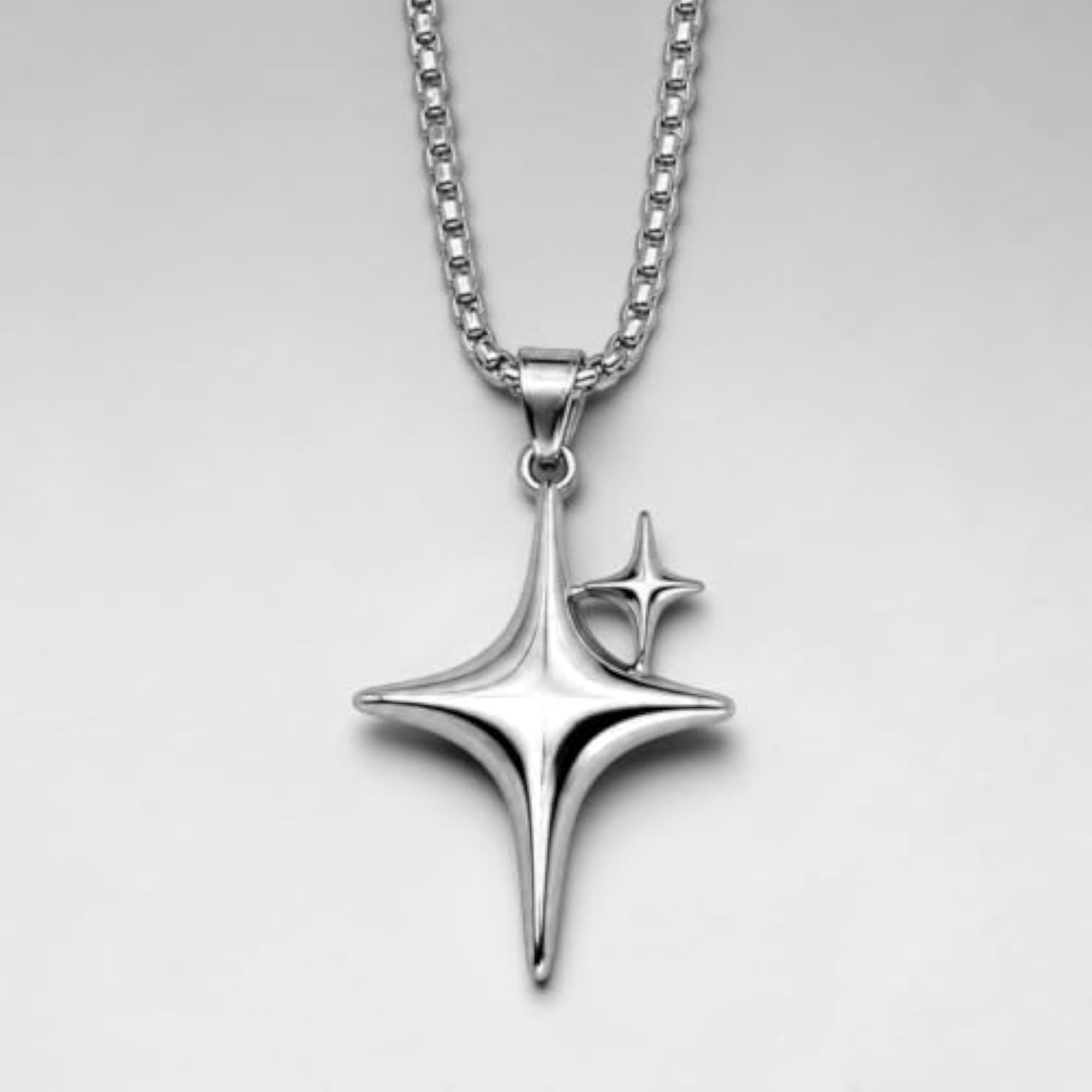 Silver 4-Point Star Pendant Necklace with Box Chain