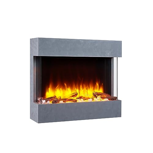 BALDERIA Elektrokamin Alva | Elektrischer Wandkamin mit 3D-Flammeneffekt | Elektro Heizung 2000 W, LED-Beleuchtung | Fernbedienung, Startsteuerung, Timer & Thermostat | Betongrau