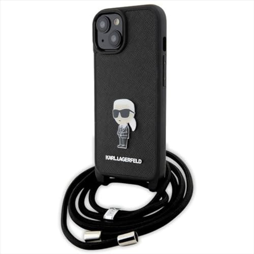 KARL LAGERFELD KLHCP15SSASKNPSK Coque pour iPhone 15 6,1" Coque Rigide Noir Crossbody Saffiano Monogramme Metal Pin Karl & Choupette