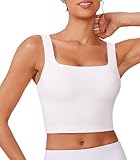 PINSPARK Crop Bra Tops Women Sports Bras Wide Strap 4-Way Stretch Wirefree Yoga Top with Removable Pads Summer Workout Tank Tops with Built in Bra White S
