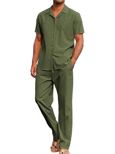 Yuyanrocks Men's 2 Piece Outfits Casual Beach Short Sleeve Button Down Shirts Loose Pant Sets Summer Vacation Walking Outfits