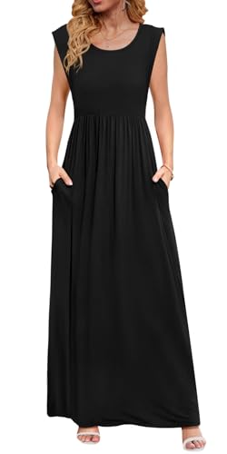 DB MOON Womens 2025 Summer Maxi Dresses Empire Waist Long Casual Sundress Cap Short Sleeve Dress with Pockets