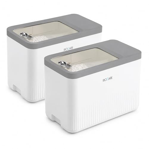 Image of Rioware Rice Storage Container- 5Kg+5Kg (Set of 2) Kitchen Dispenser Set Containers | Airtight Moisture Proof Plastic Grain Dispensers | Rotating Daal Store Box - Greyish White Ricelux