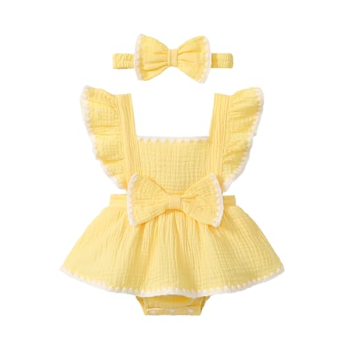 Megeoly Baby Girl Summer Clothes Ruffle Sleeve Cotton Linen Romper Dress