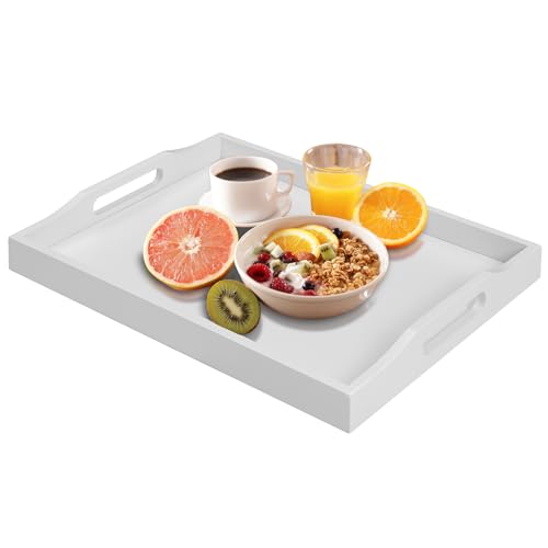 Bamboo Serving Tray with Handles, Breakfast Wooden Tray for Food,Snack,Dinner, Home Decorative Storage, Platter, Ottoman,Kitchen Counter, Bathroom, Restaurant (White)