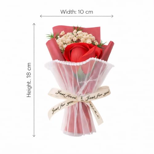 Image of Mini Artificial Red Rose Bouquet for Gifting, Pearl Net Wrapped Flower with inchJust for You inch Ribbon, for Mom, Anniversary, Birthday, Proposal, Desk & Home Decor (Red)
