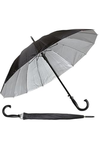 Açık Çap 16 Telli Baston Şemsiye Büyük Boy Iç Yüzey Metalik Gri Dışı Siyah Unisex 80 cm Uzunluk 100 cm