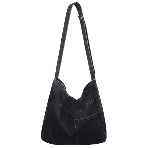 Image of Denim Shoulder Bag - Women's Retro Large Canvas Crossbody Tote Bag, Casual Style Lightweight