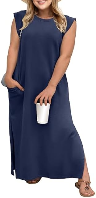 OLRIK Plus Size Maxi Dresses for Curvy Women 2026 Summer Casual Cap Sleeve Split Long Dress with Pockets Loose Fit