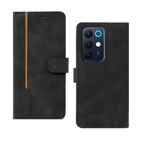 Image of amazon basics Realme 15X 5G Flip Cover | Card Pockets Wallet & Stand | Flip Cover for Realme 15X 5G (Black with Beige Strip)