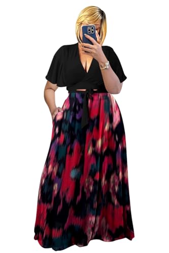 Image of Plus Size Women's 2 Piece Outfits Casual Short Ruffle Sleeve Wrap Crop Top Maxi Long Dress Flowy Matching Sets