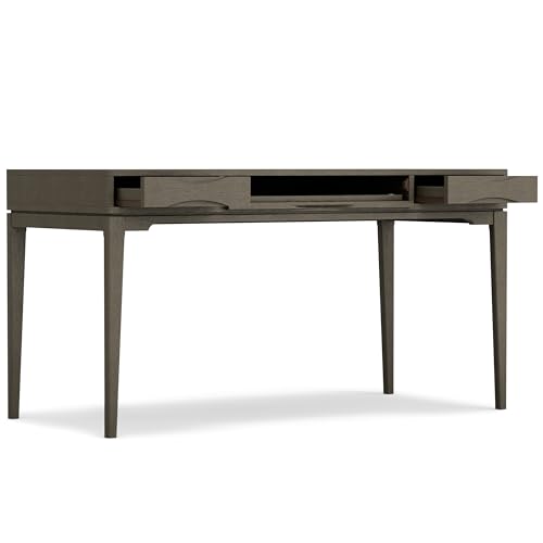 Image of SIMPLIHOME Harper Desk - 60 Inch Wide Solid Wood Writing Desk in Farmhouse Grey, Mid-Century Modern Home Office Computer Table for Workspace or Study with 2 Drawers and Flip-Down Keyboard Tray