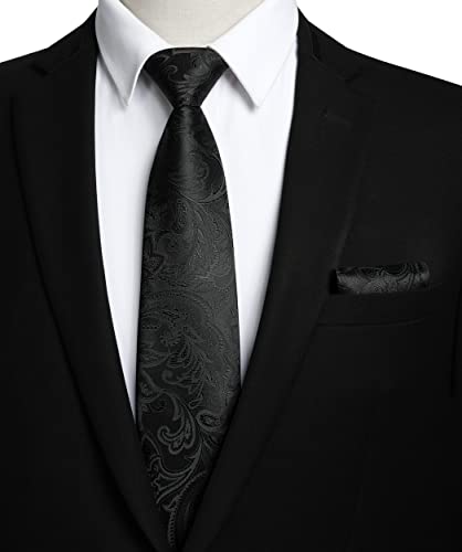 Image of HISDERN Men Floral Ties Woven Classic 3.4 inch Necktie Set Formal Tie Pocket Square for Wedding with Handkerchief Gift Box