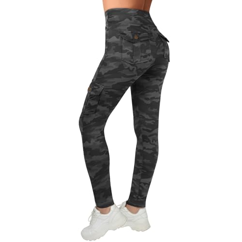 Lishang Legging de Sport Femme Push Up Taille Haute Leggings Sport pour Femmes Legging Anti Cellulite Femme Yoga Pants avec Poches Camouflage Gris S