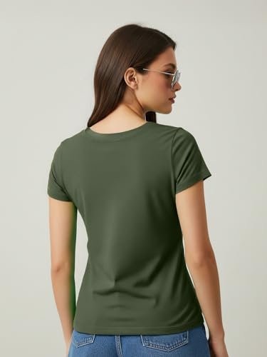 Image of JUNEBERRY Cotton Lycra Regular Fit V- Neck Solid Core Half Sleeves T-Shirt for Women & Girls (Colors Available: Black, Green, Magenta, Blue, Orange & Limeade)