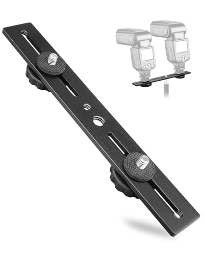ZEXIJOW Dual Blitzhalterung 8 Zoll, Aluminium Blitzschiene mit 1/4\ und 3/8\ Schraube Kamera Flash Bracket mit Doppel Blitzschuh,kamera halterungm für DSLR Kamera, LED Licht, Mikrofon, Stativ Zubehör
