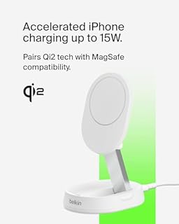 Belkin BoostCharge Pro 15W convertible magnetic wireless charging stand, MagSafe compatible fast Qi2 wireless charger, magnetic fast charger for Apple iPhone 17/16/15, Air, AirPods, PixelSnap - White