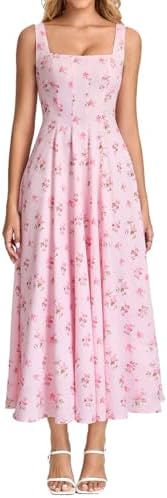 VKIHOC Summer Corset Midi Flowy Floral Wedding Guest Dress for Women 2026, Pinkfloral, M